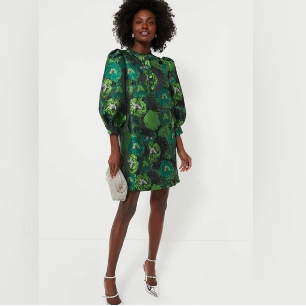 Chic jacquard elegant Green Floral Long Sleeve Dress New | Size M - Picture 4 of 5